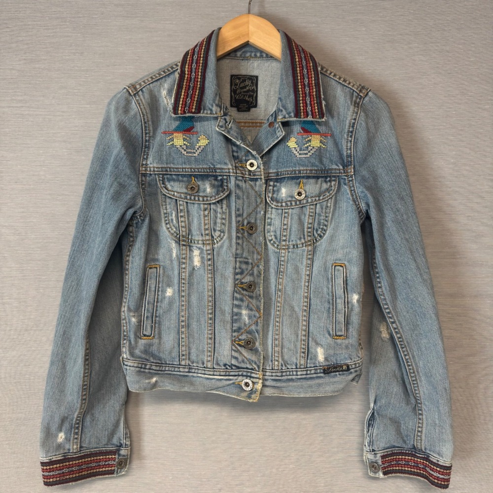 Lucky Brand Womens Denim Jacket Embroidered Aztec Birds Collar Cuffs Blue Size S
